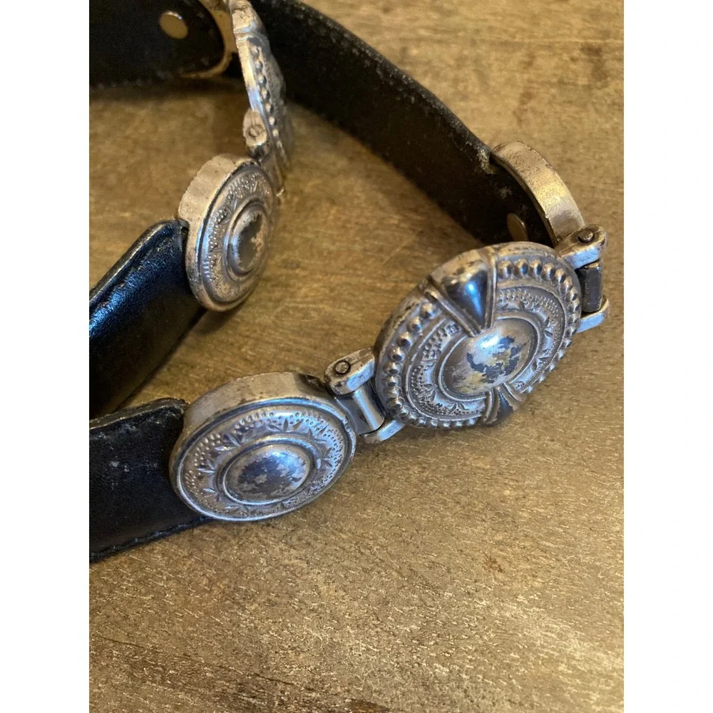 Fossil Black Leather Western Concho Link Belt Silver Tone Etched Buckle Large
